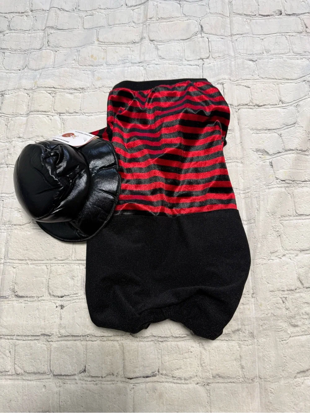 Pet Warrior Dog striped shirt with black pants custome. Halloween costume.
